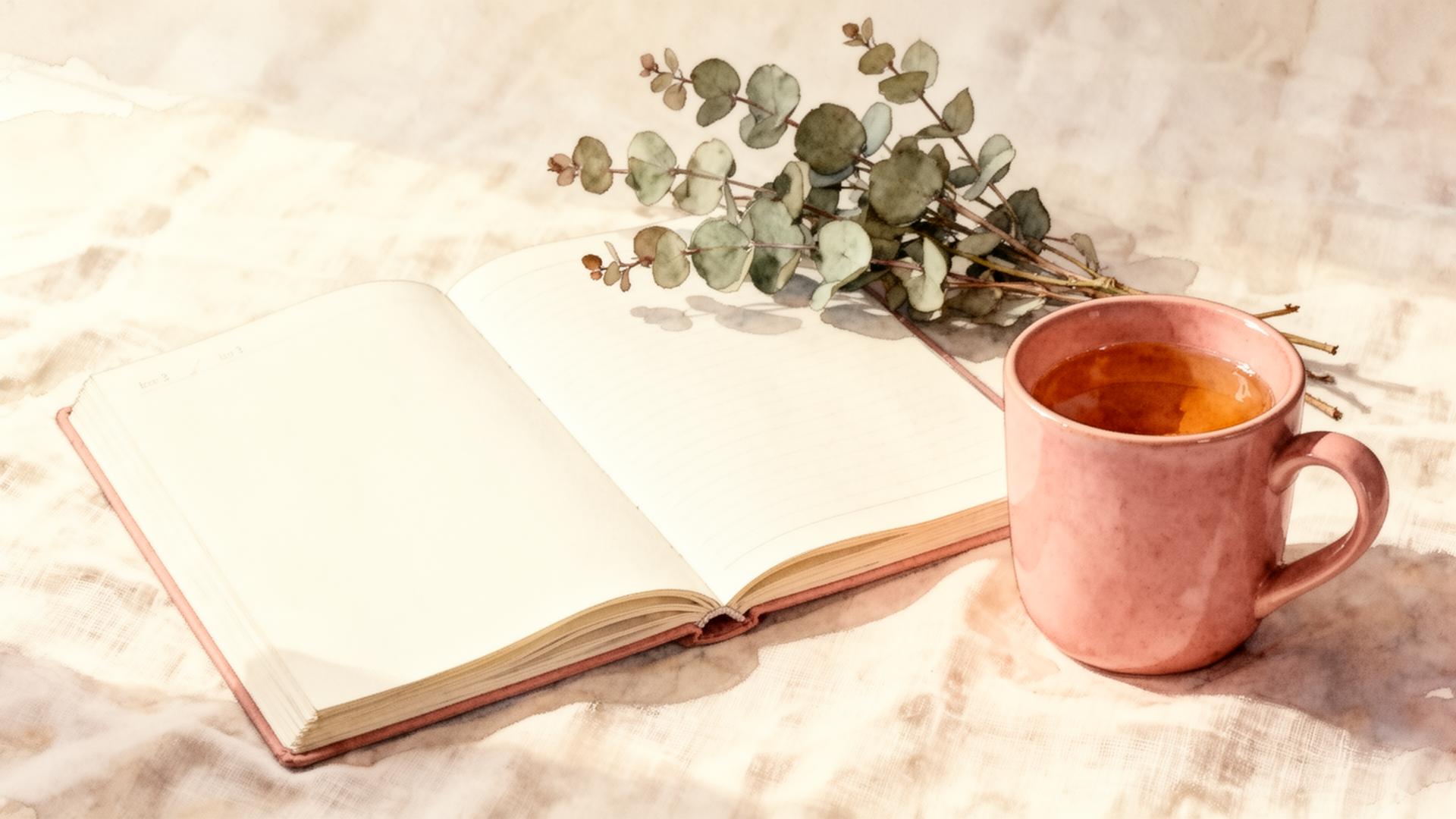 An open notebook and warm mug of tea on linen — a calm reading moment